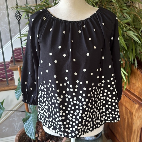 Ann Taylor factory petite XSP NWOT crewneck long sleeve black and white polkadot - Picture 6 of 7